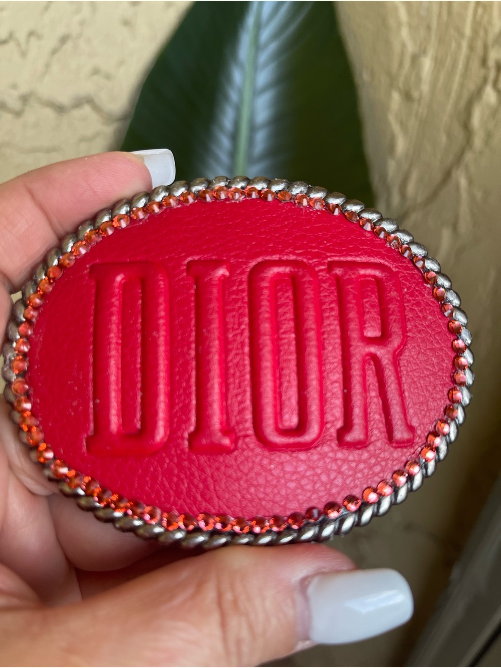 Dior Red Leather Logo Oval Card Holder with Silver Trim